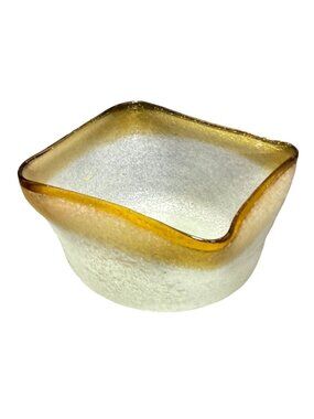 Vtg White and Amber Folded Bowl w/Bubbles Recycled Art Glass Trinket Bowl or Can